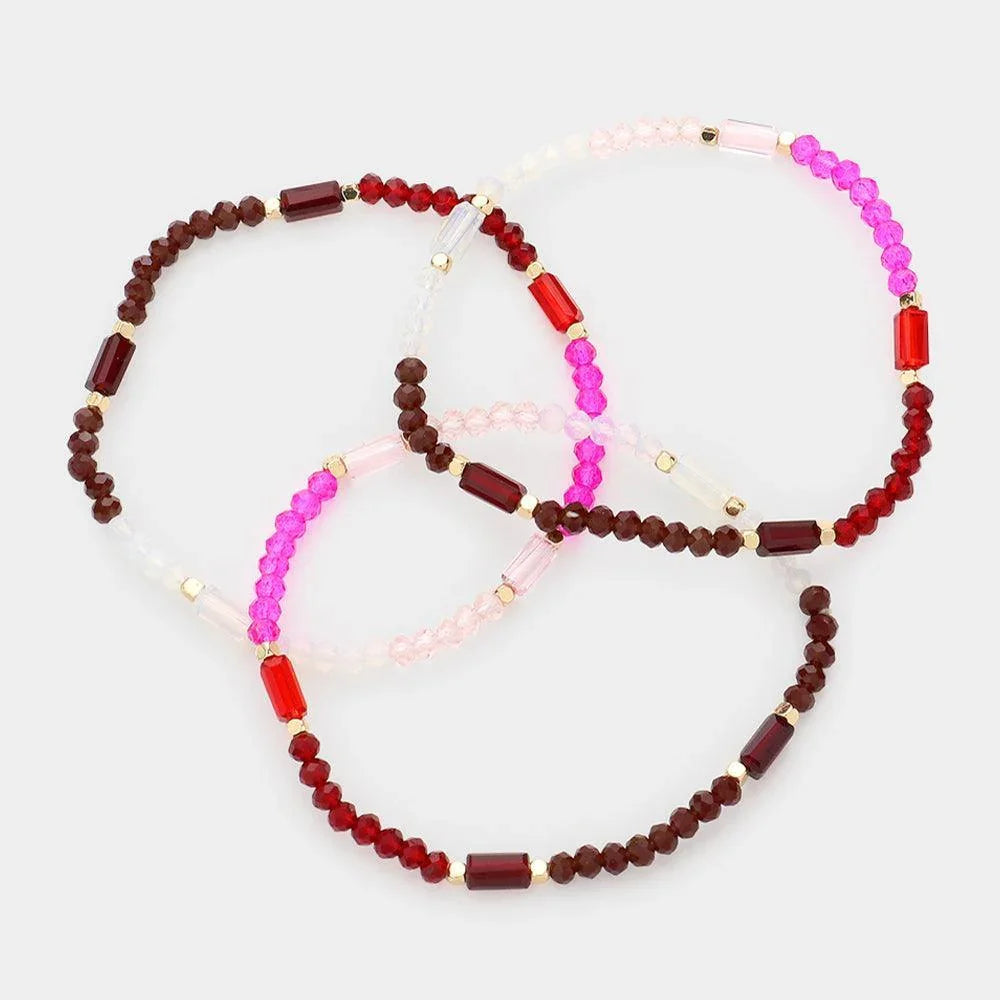Burgundy 3PCS - Faceted Rectangle Beaded Stretch Bracelets - Jewelry Store by Erik Rayo