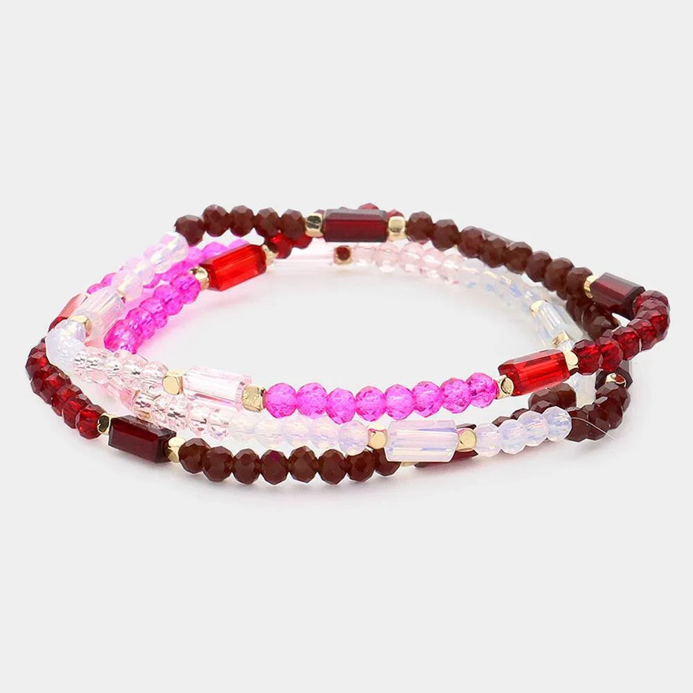 Burgundy 3PCS - Faceted Rectangle Beaded Stretch Bracelets - Jewelry Store by Erik Rayo