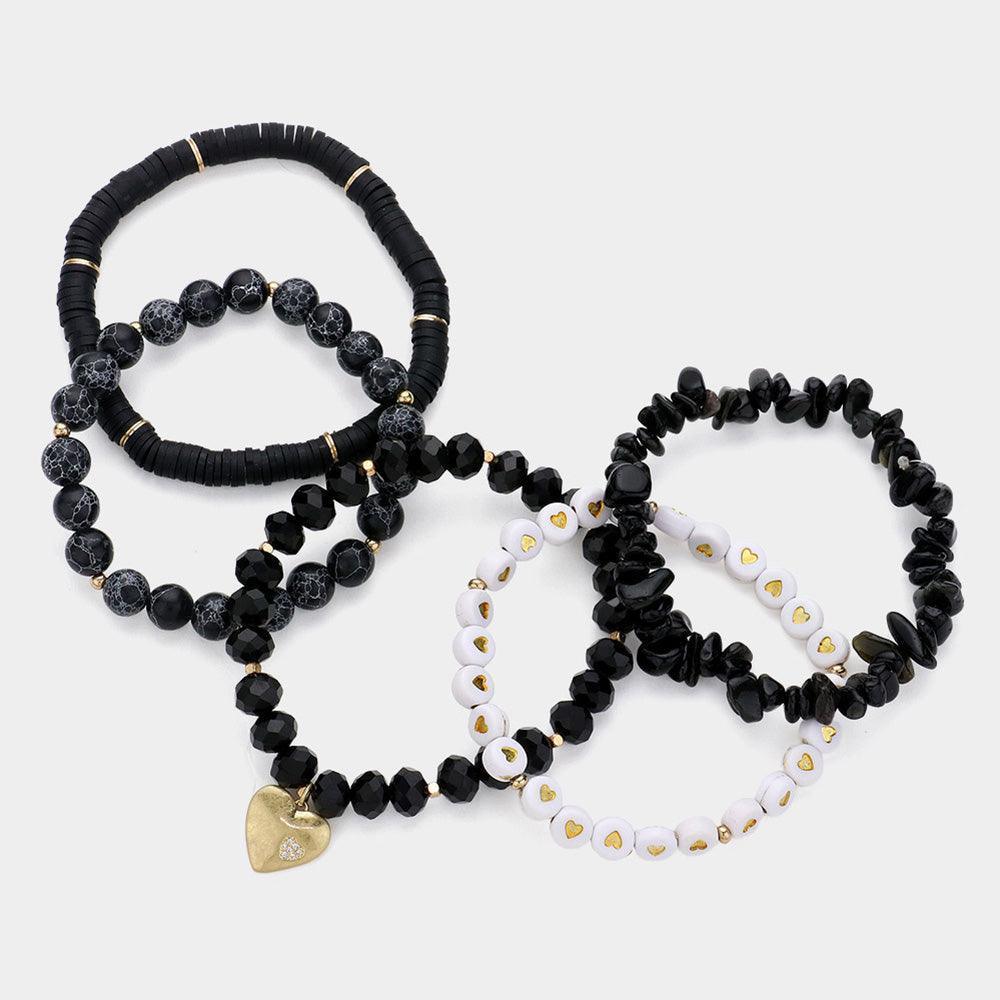 Black 5PCS Metal Heart Charm Pointed Natural Stone Heishi Beads Faceted Beads Heart Pointed Beads Stretch Multi Layered Bracelets - Jewelry Store by Erik Rayo