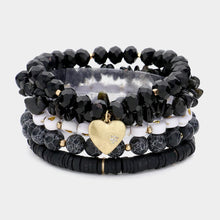 Load image into Gallery viewer, Black 5PCS  Metal Heart Charm Pointed Natural Stone Heishi Beads Faceted Beads Heart Pointed Beads Stretch Multi Layered Bracelets
