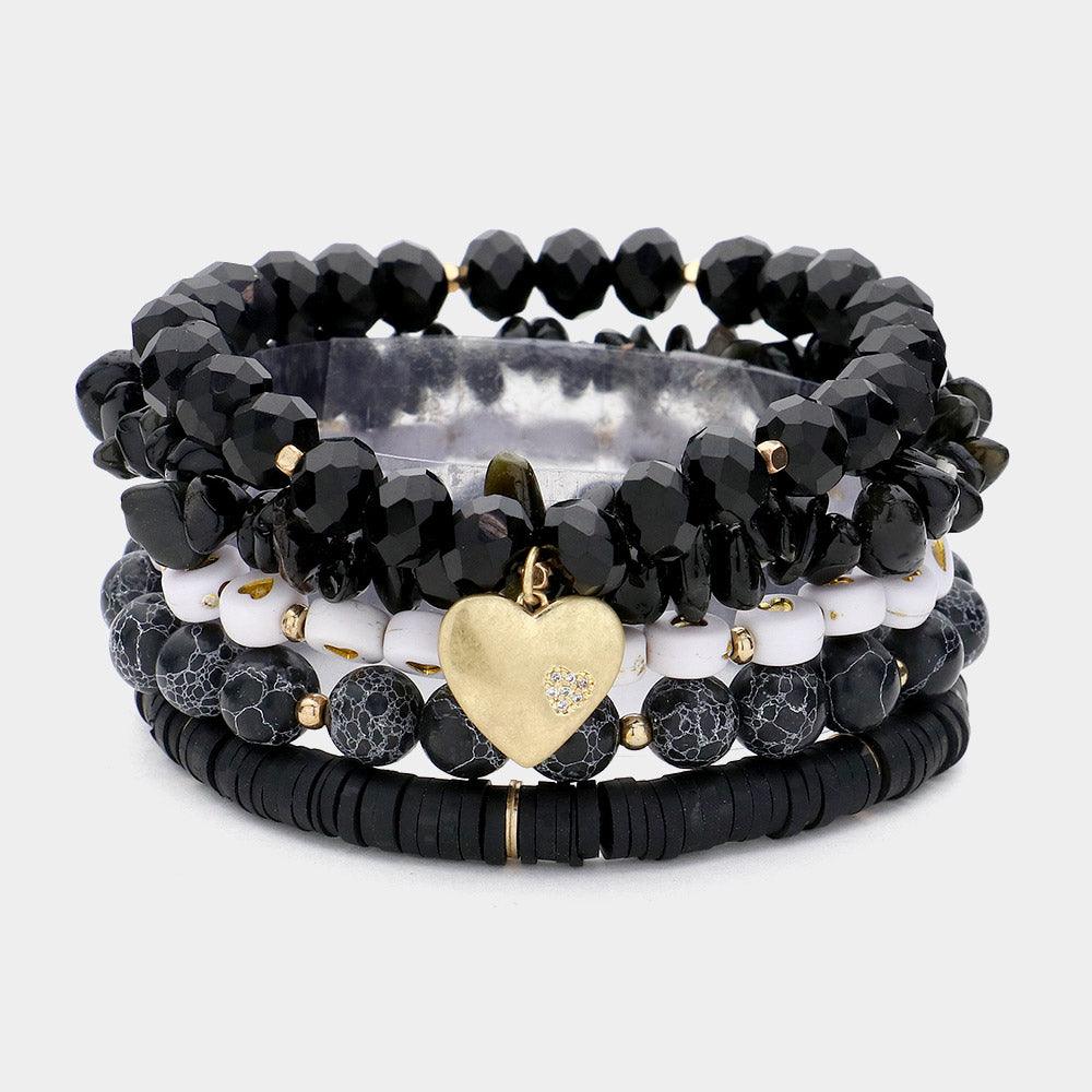 Black 5PCS  Metal Heart Charm Pointed Natural Stone Heishi Beads Faceted Beads Heart Pointed Beads Stretch Multi Layered Bracelets