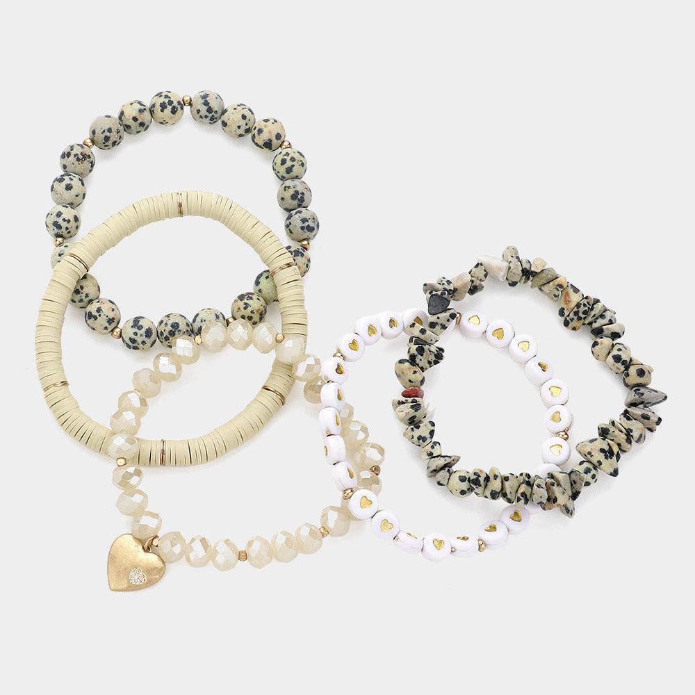 Black 5PCS Metal Heart Charm Pointed Natural Stone Heishi Beads Faceted Beads Heart Pointed Beads Stretch Multi Layered Bracelets - Jewelry Store by Erik Rayo