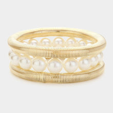 Load image into Gallery viewer, Cream 3PCS  Pearl Beaded Metal Cable Multi Layered Stretch Bracelets
