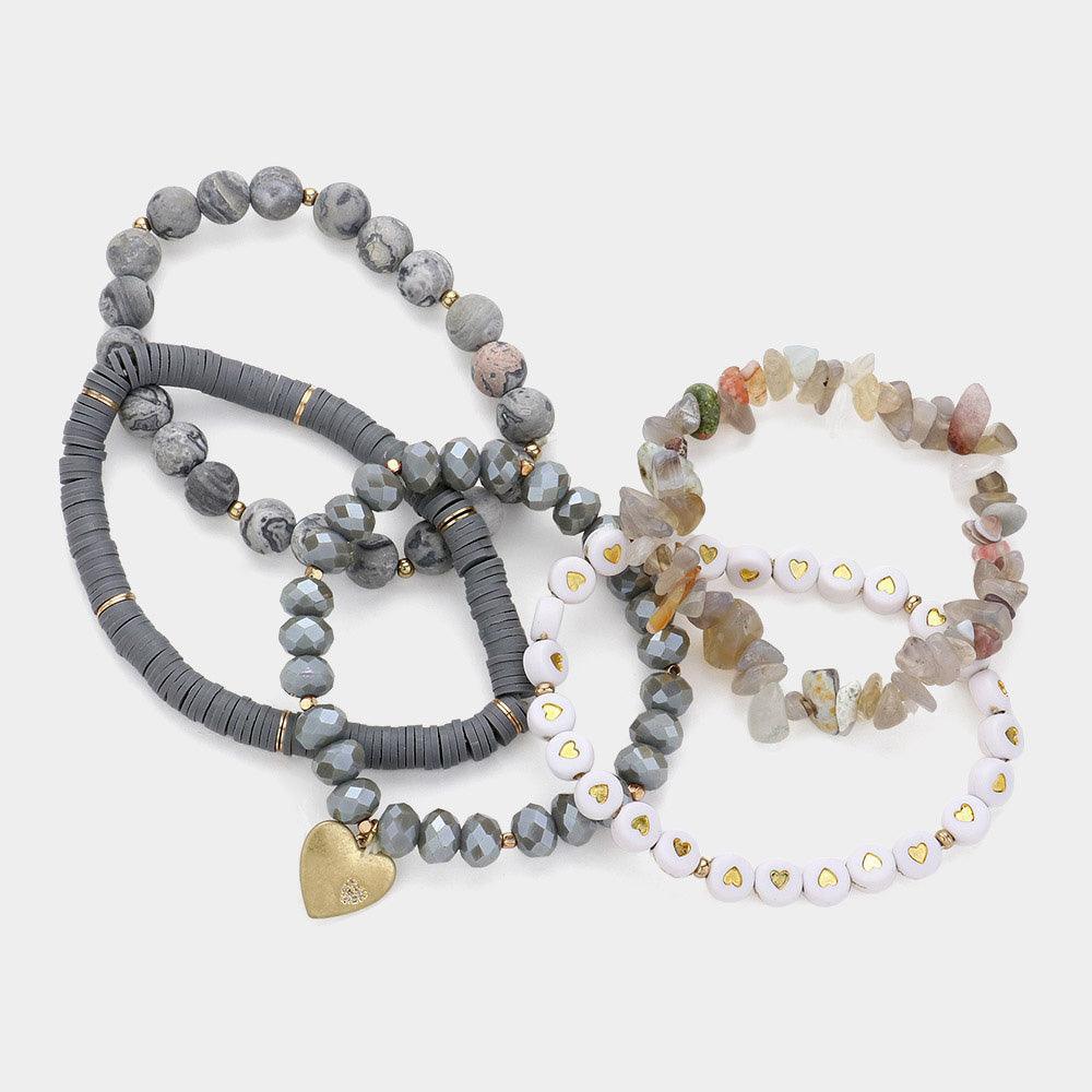 Silver 5PCS Metal Heart Charm Pointed Natural Stone Heishi Beads Faceted Beads Heart Pointed Beads Stretch Multi Layered Bracelets - Jewelry Store by Erik Rayo