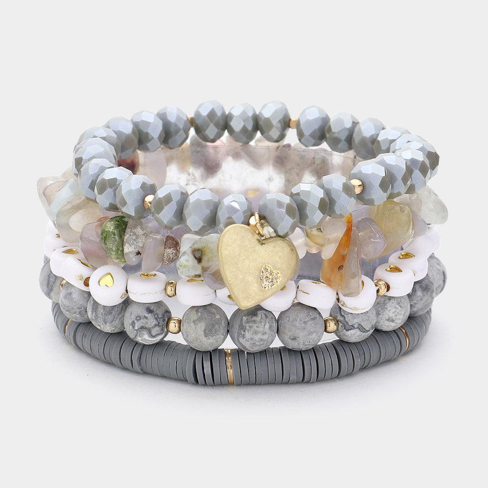 Silver 5PCS Metal Heart Charm Pointed Natural Stone Heishi Beads Faceted Beads Heart Pointed Beads Stretch Multi Layered Bracelets - Jewelry Store by Erik Rayo