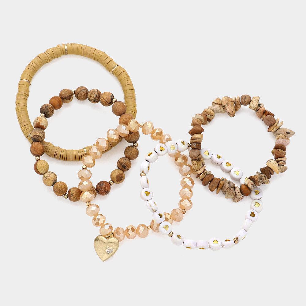 Brown 5PCS - Metal Heart Charm Pointed Natural Stone Heishi Beads Faceted Beads Heart Pointed Beads Stretch Multi Layered Bracelets - Jewelry Store by Erik Rayo