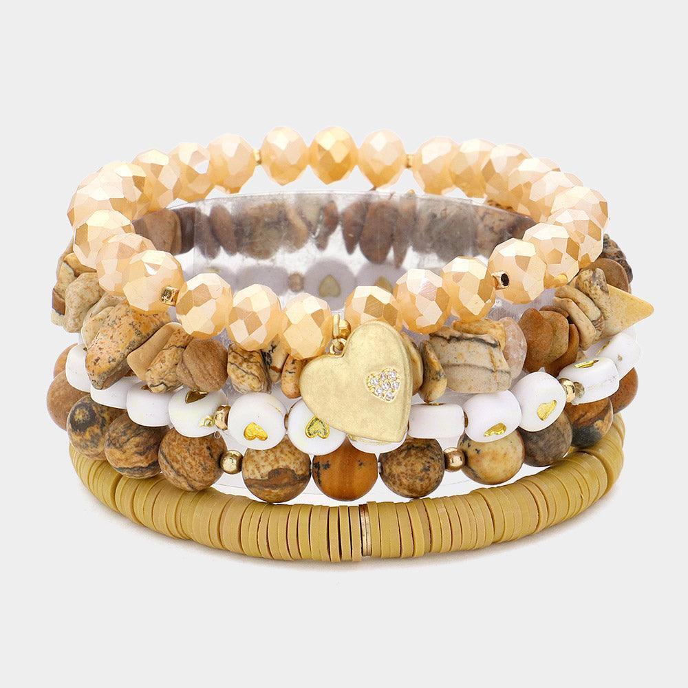 Brown 5PCS - Metal Heart Charm Pointed Natural Stone Heishi Beads Faceted Beads Heart Pointed Beads Stretch Multi Layered Bracelets - Jewelry Store by Erik Rayo