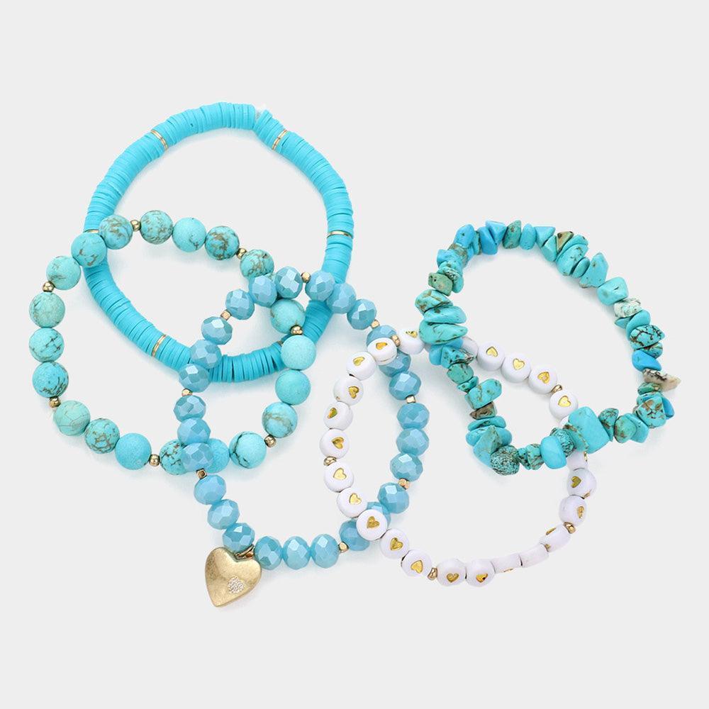 Turquoise 5PCS - Metal Heart Charm Pointed Natural Stone Heishi Beads Faceted Beads Heart Pointed Beads Stretch Multi Layered Bracelets - Jewelry Store by Erik Rayo