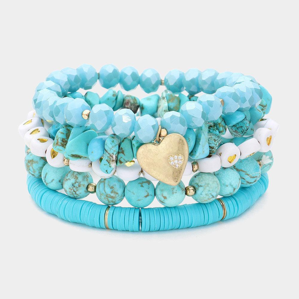 Turquoise 5PCS - Metal Heart Charm Pointed Natural Stone Heishi Beads Faceted Beads Heart Pointed Beads Stretch Multi Layered Bracelets - Jewelry Store by Erik Rayo