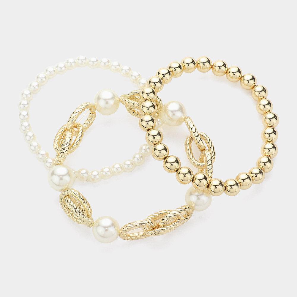 Cream 3PCS - Pearl Pointed Metal Ball Stretch Multi Layered Bracelets - Jewelry Store by Erik Rayo