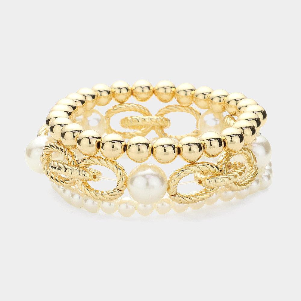 Cream 3PCS - Pearl Pointed Metal Ball Stretch Multi Layered Bracelets - Jewelry Store by Erik Rayo