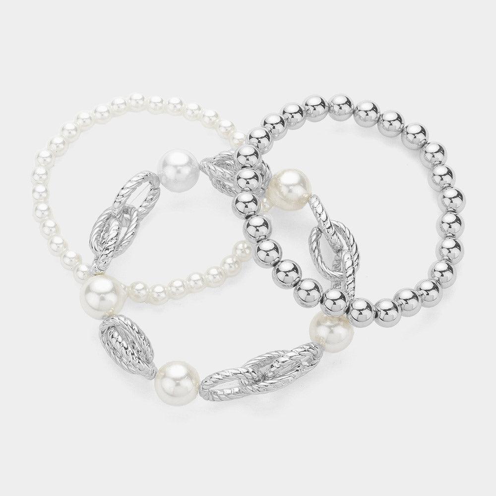 Cream 3PCS - Pearl Pointed Metal Ball Stretch Multi Layered Bracelets - Jewelry Store by Erik Rayo