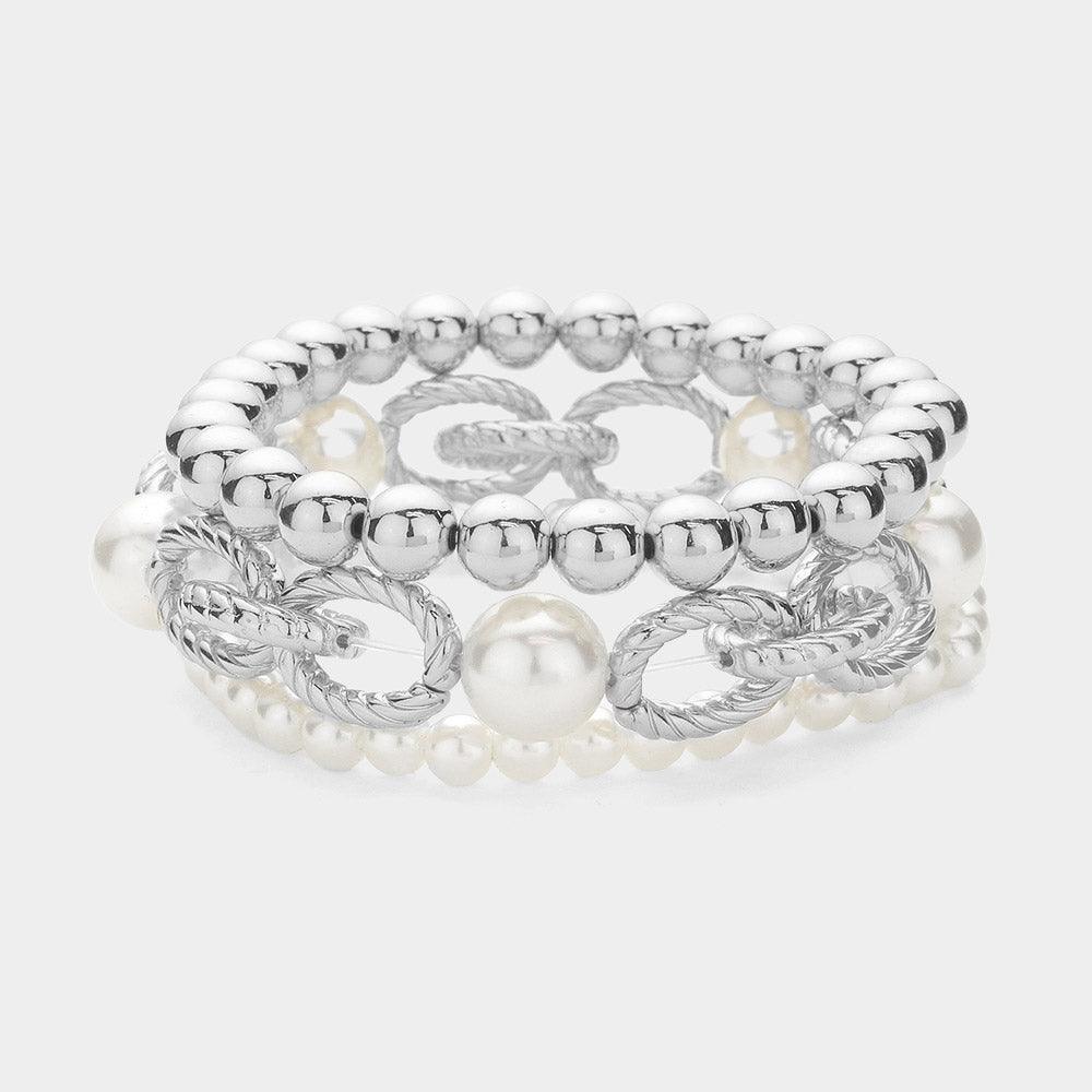 Cream 3PCS - Pearl Pointed Metal Ball Stretch Multi Layered Bracelets - Jewelry Store by Erik Rayo