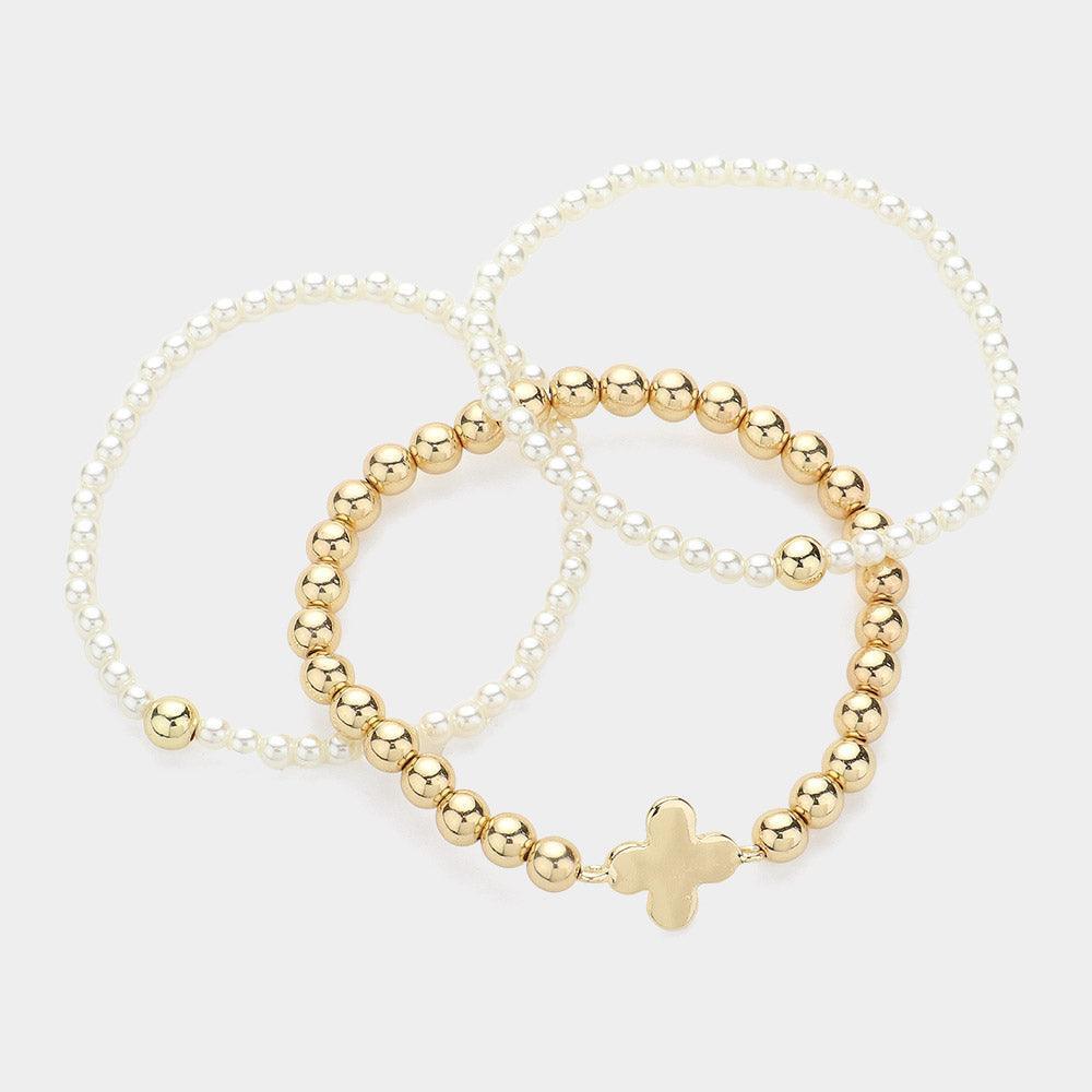 Cream 3PCS - Quatrefoil Pointed Pearl Stretch Multi Layered Bracelets - Jewelry Store by Erik Rayo