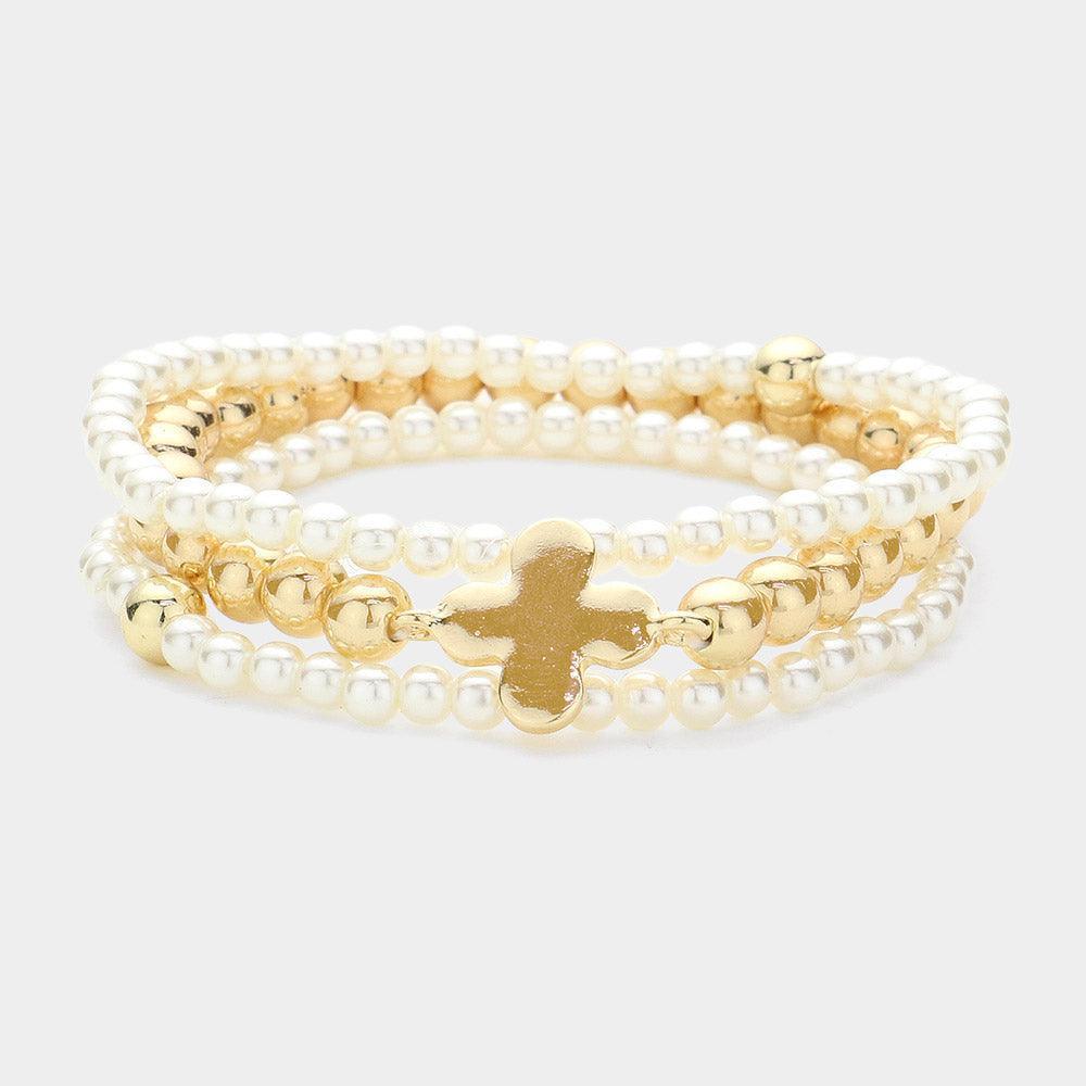 Cream 3PCS - Quatrefoil Pointed Pearl Stretch Multi Layered Bracelets - Jewelry Store by Erik Rayo
