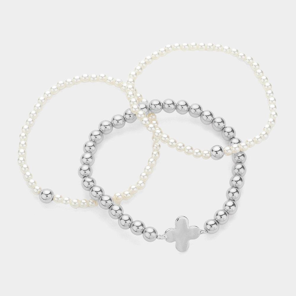 Cream 3PCS - Quatrefoil Pointed Pearl Stretch Multi Layered Bracelets - Jewelry Store by Erik Rayo