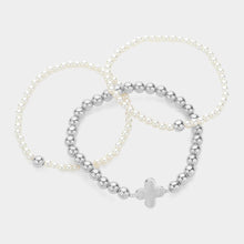 Load image into Gallery viewer, Cream 3PCS - Quatrefoil Pointed Pearl Stretch Multi Layered Bracelets
