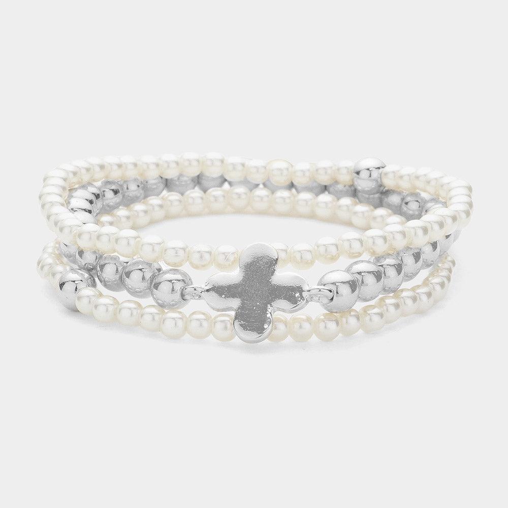 Cream 3PCS - Quatrefoil Pointed Pearl Stretch Multi Layered Bracelets - Jewelry Store by Erik Rayo