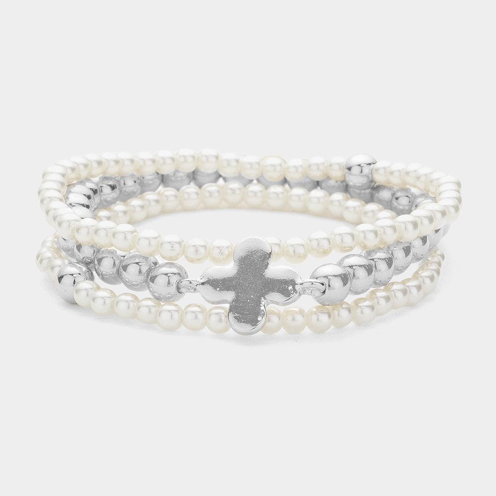 Cream 3PCS - Quatrefoil Pointed Pearl Stretch Multi Layered Bracelets