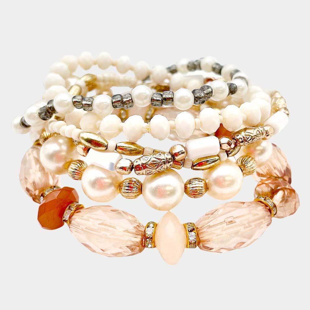 Pink 6PCS Pearl Faceted Beaded Stretch Bracelets - Jewelry Store by Erik Rayo