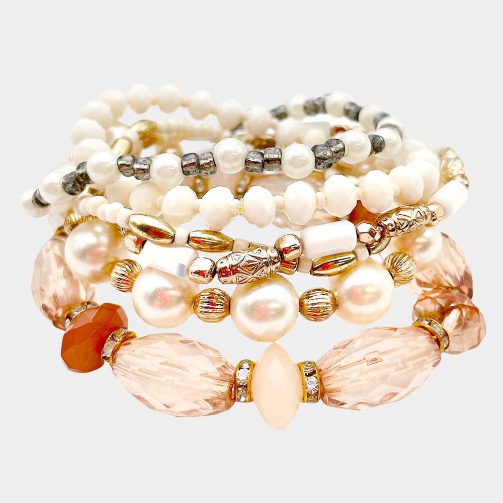 Pink 6PCS  Pearl Faceted Beaded Stretch Bracelets