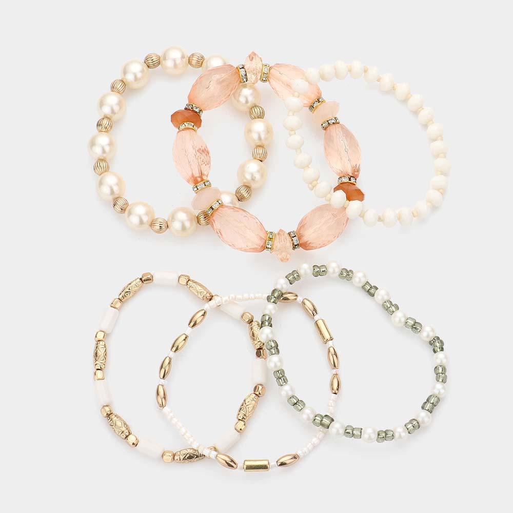 Pink 6PCS Pearl Faceted Beaded Stretch Bracelets - Jewelry Store by Erik Rayo