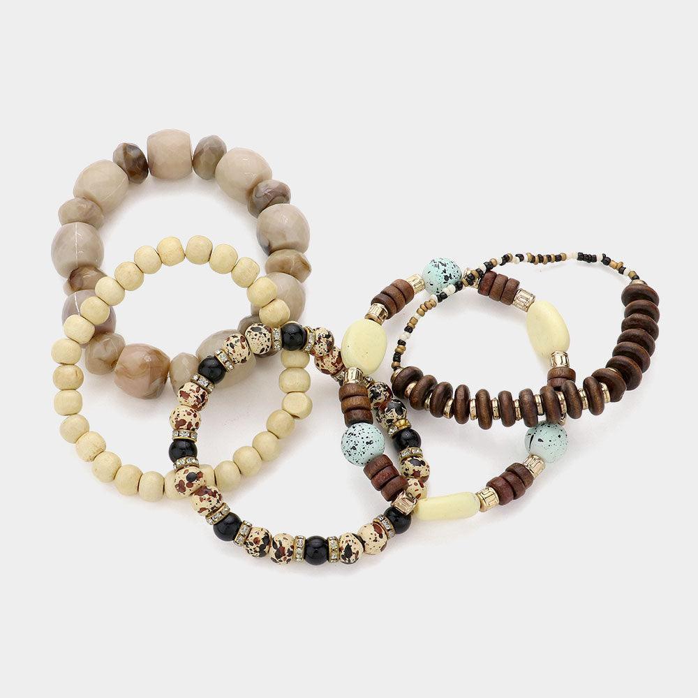 5PCS - Wood Marbled Beaded Stretch Bracelets - Jewelry Store by Erik Rayo