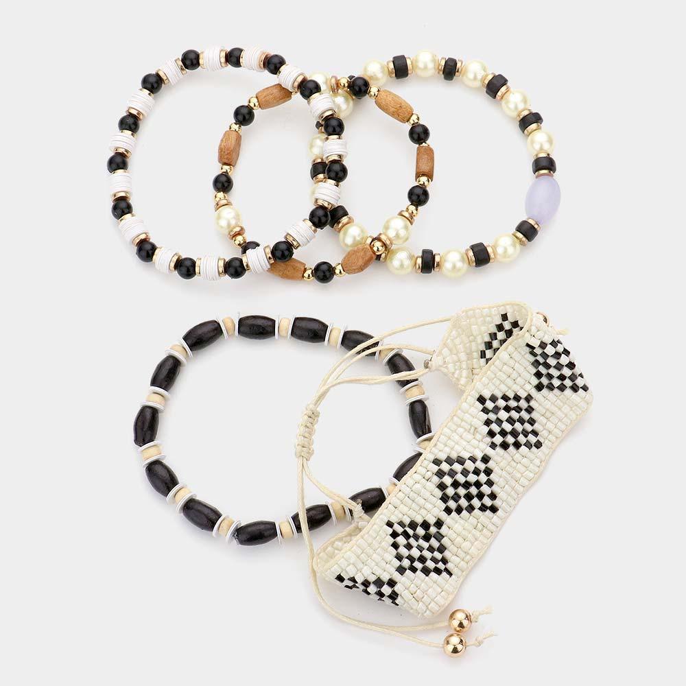 White 5PCS Boho Patterned Beaded Wood Pearl Bracelets - Jewelry Store by Erik Rayo