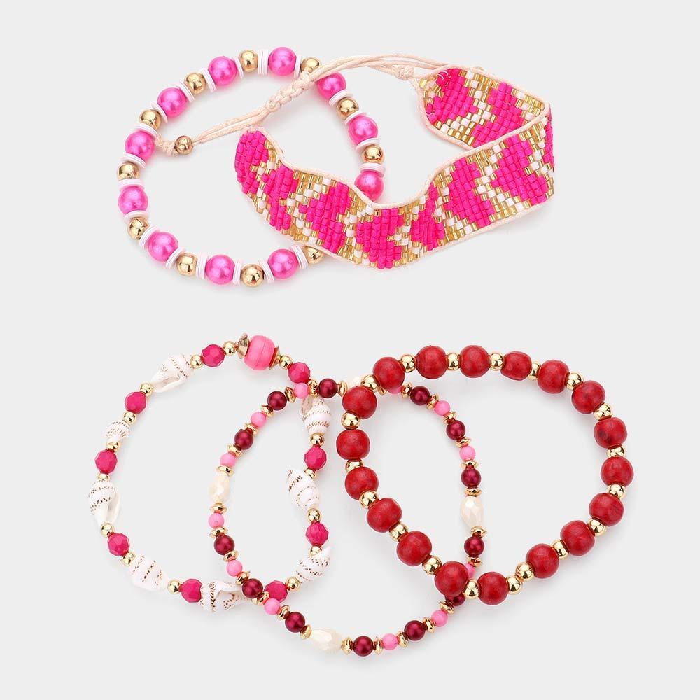 Fuchsia 5PCS Chevron Patterned Beaded Wood Conch Bracelets - Jewelry Store by Erik Rayo