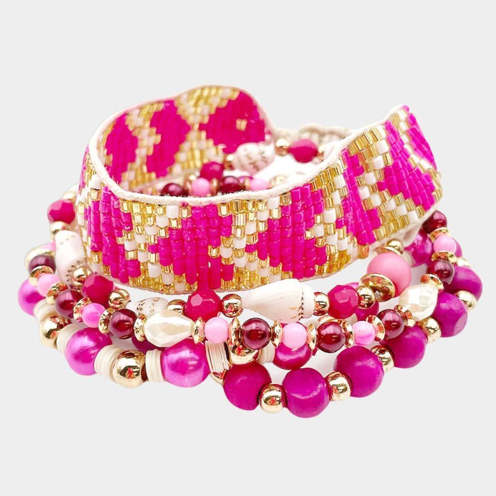 Fuchsia 5PCS Chevron Patterned Beaded Wood Conch Bracelets - Jewelry Store by Erik Rayo