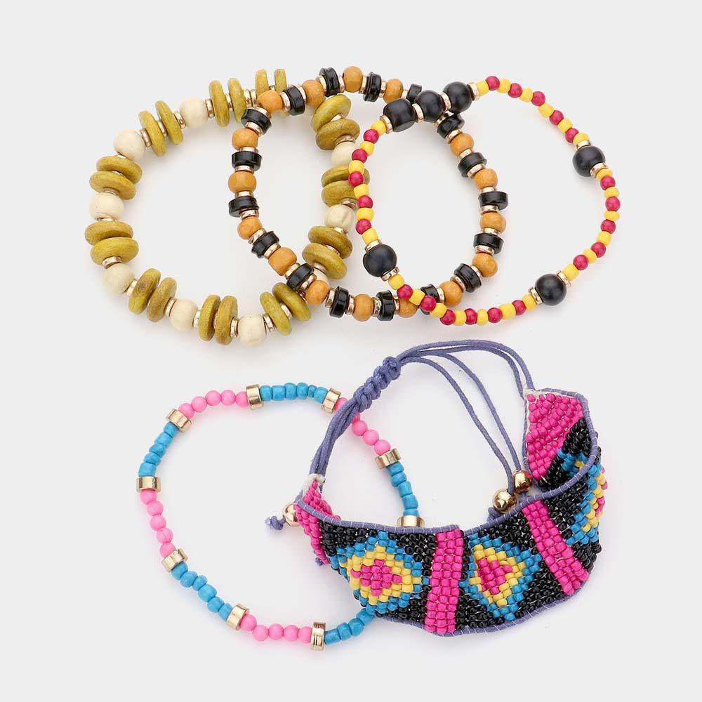 5PCS - BoHo Patterned Beaded Wood Bracelets - Jewelry Store by Erik Rayo