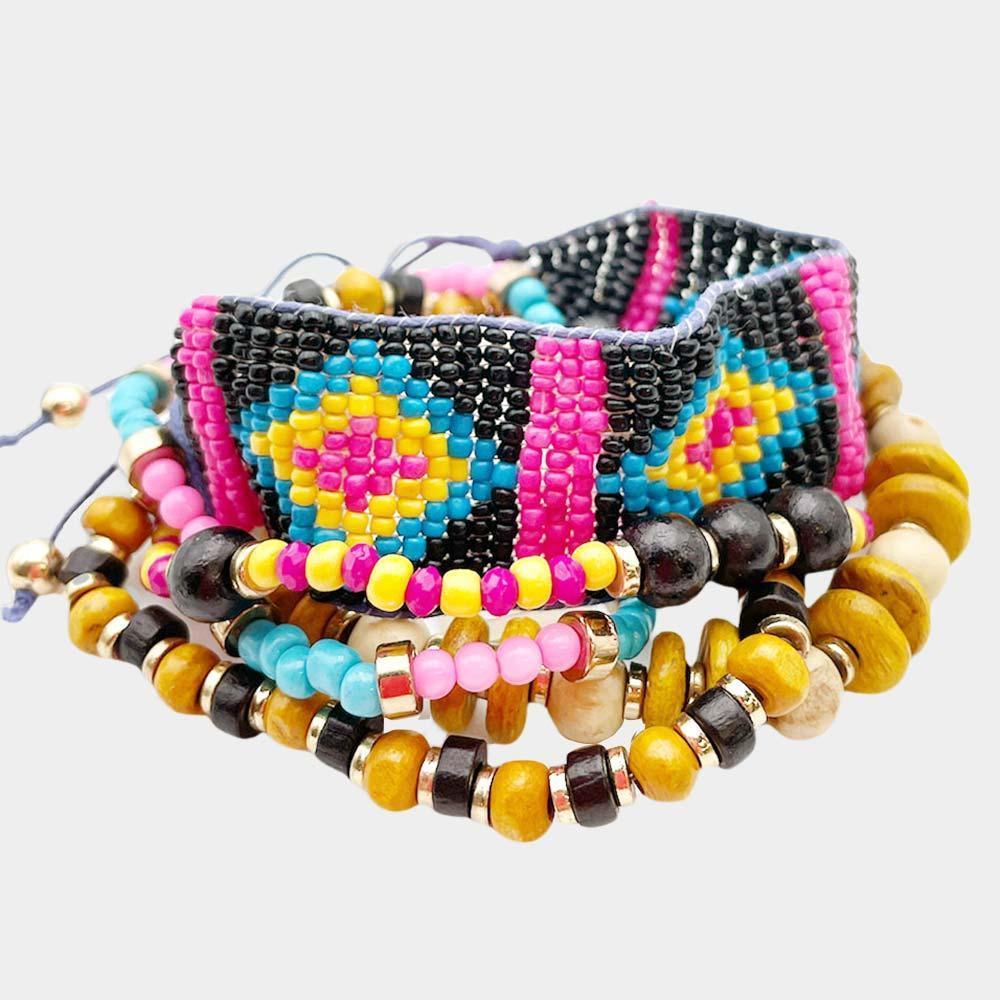 5PCS - BoHo Patterned Beaded Wood Bracelets - Jewelry Store by Erik Rayo