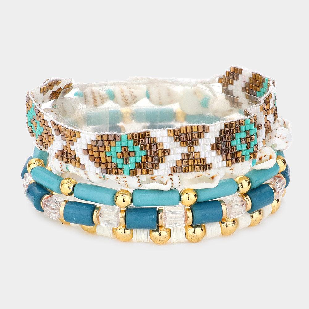 Turquoise 5PCS - Boho Pattern Detailed Shell Beaded Bracelets