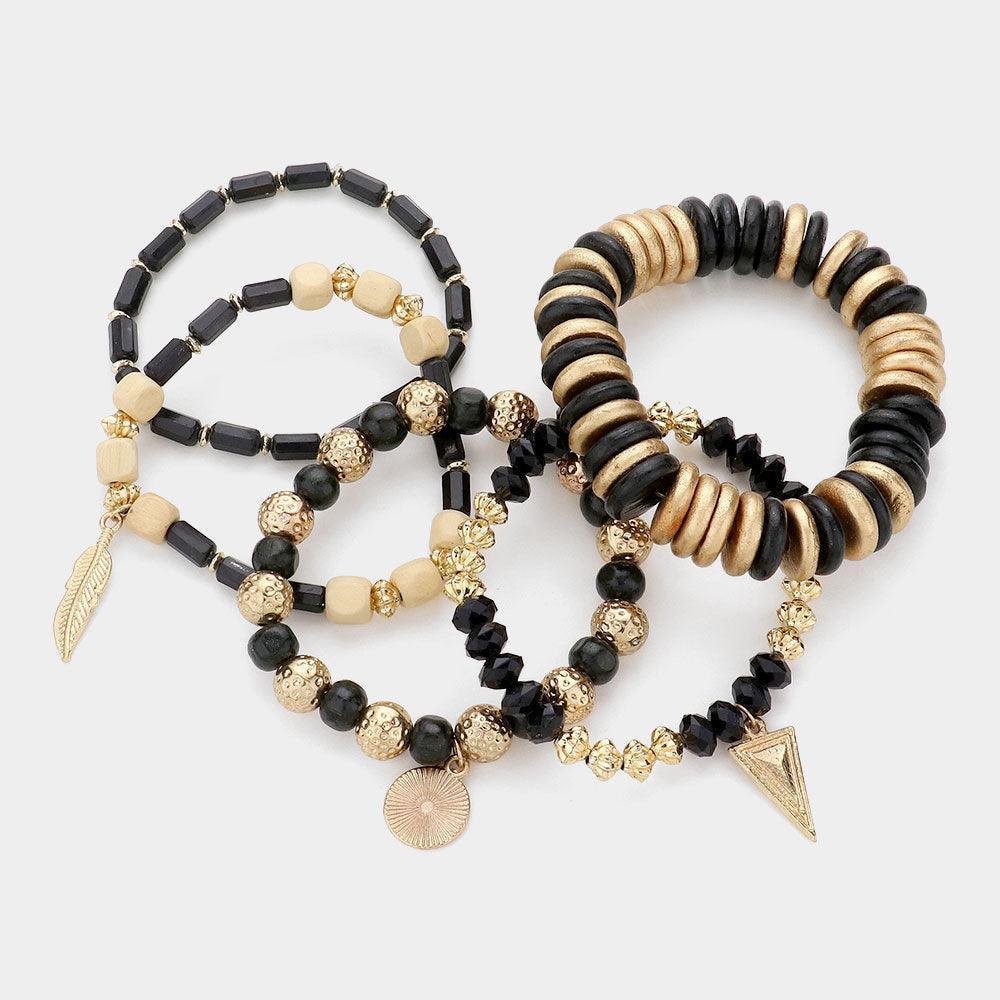 Black 5PCS Metal Coin Feather Charm Wood Beaded Stretch Bracelets - Jewelry Store by Erik Rayo