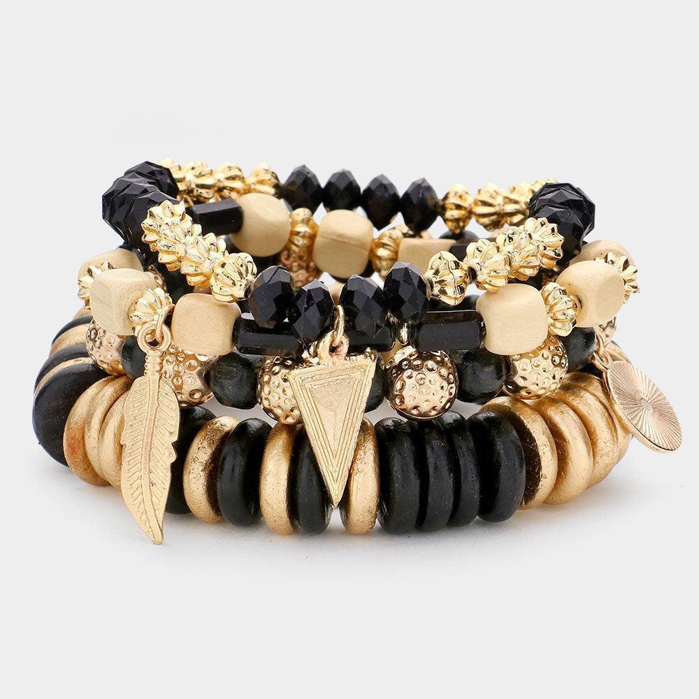 Black 5PCS Metal Coin Feather Charm Wood Beaded Stretch Bracelets - Jewelry Store by Erik Rayo