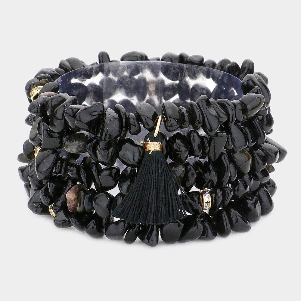 Black 5PCS  Natural Stone Tassel Multi Layered Bracelets