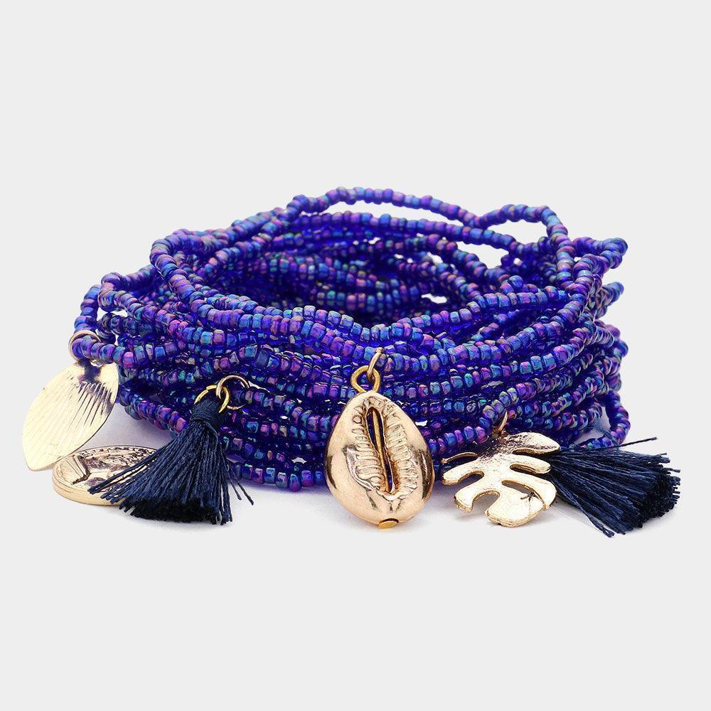 20PCS - Seed Beaded Tassel Shell Leaf Coin Charm Stretch Multi Layered Bracelets - Jewelry Store by Erik Rayo