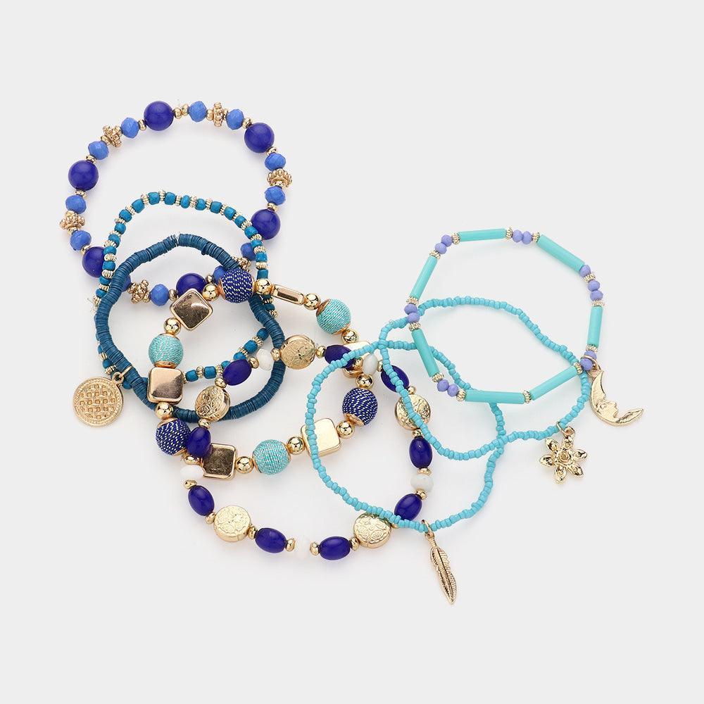 Turquoise 8PCS - Metal Flower Moon Leaf Charm Multi Beaded Layered Bracelets - Jewelry Store by Erik Rayo