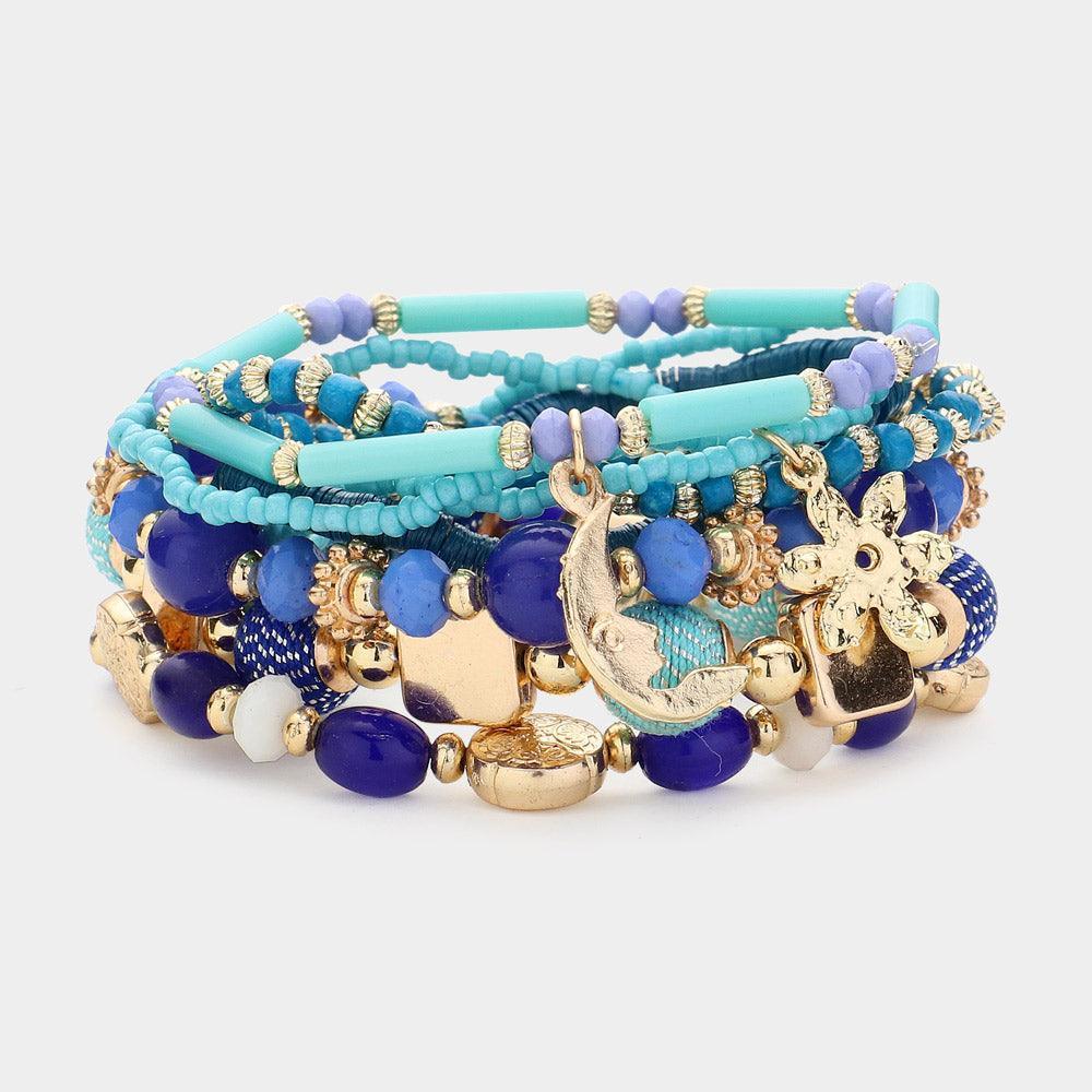Turquoise 8PCS - Metal Flower Moon Leaf Charm Multi Beaded Layered Bracelets - Jewelry Store by Erik Rayo