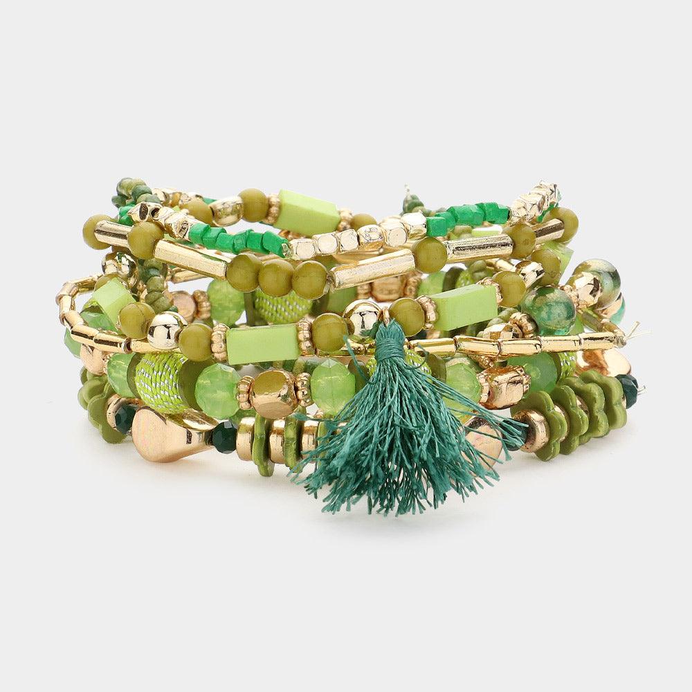 Green 8PCS - Metal Shell Fish Tassel Charm Multi Beads Layered Bracelets