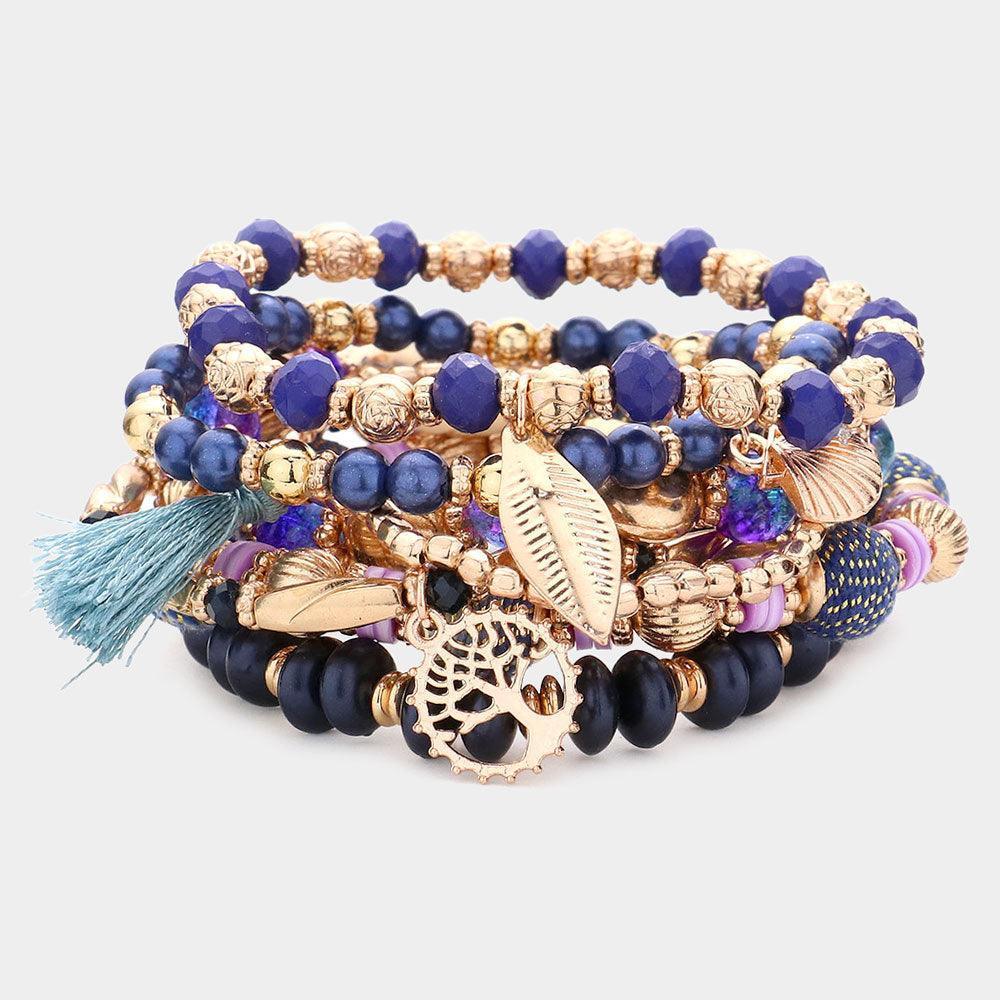 7PCS - Faceted Beads Rose Beaded Tassel Leaf Shell Tree Of Life Charm Stretch Multi Layered Bracelets - Jewelry Store by Erik Rayo