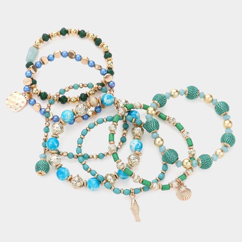 Turquoise 7PCS - Faceted Beads Natural Stone Thread Wrapped Ball Beaded Shell Fish Charm Stretch Multi Layered Bracelets - Jewelry Store by Erik Rayo