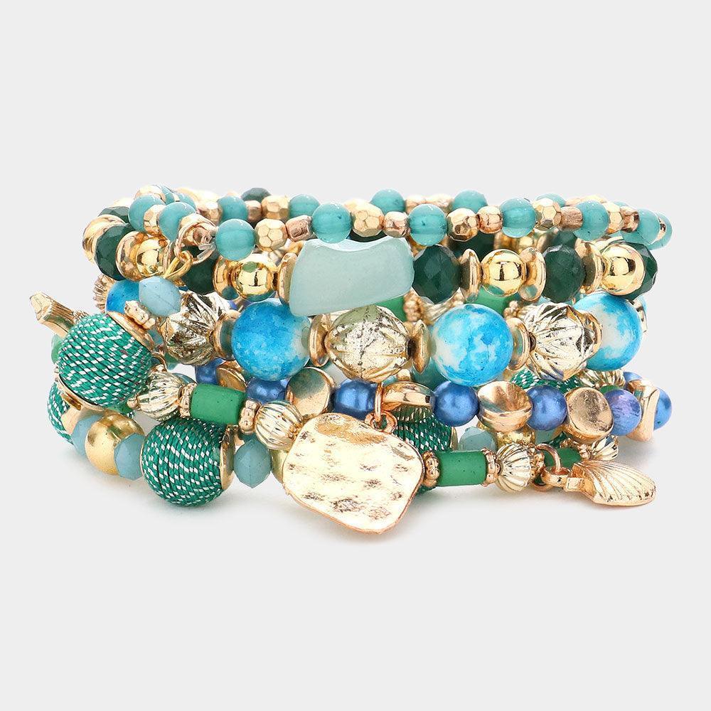 Turquoise 7PCS - Faceted Beads Natural Stone Thread Wrapped Ball Beaded Shell Fish Charm Stretch Multi Layered Bracelets - Jewelry Store by Erik Rayo
