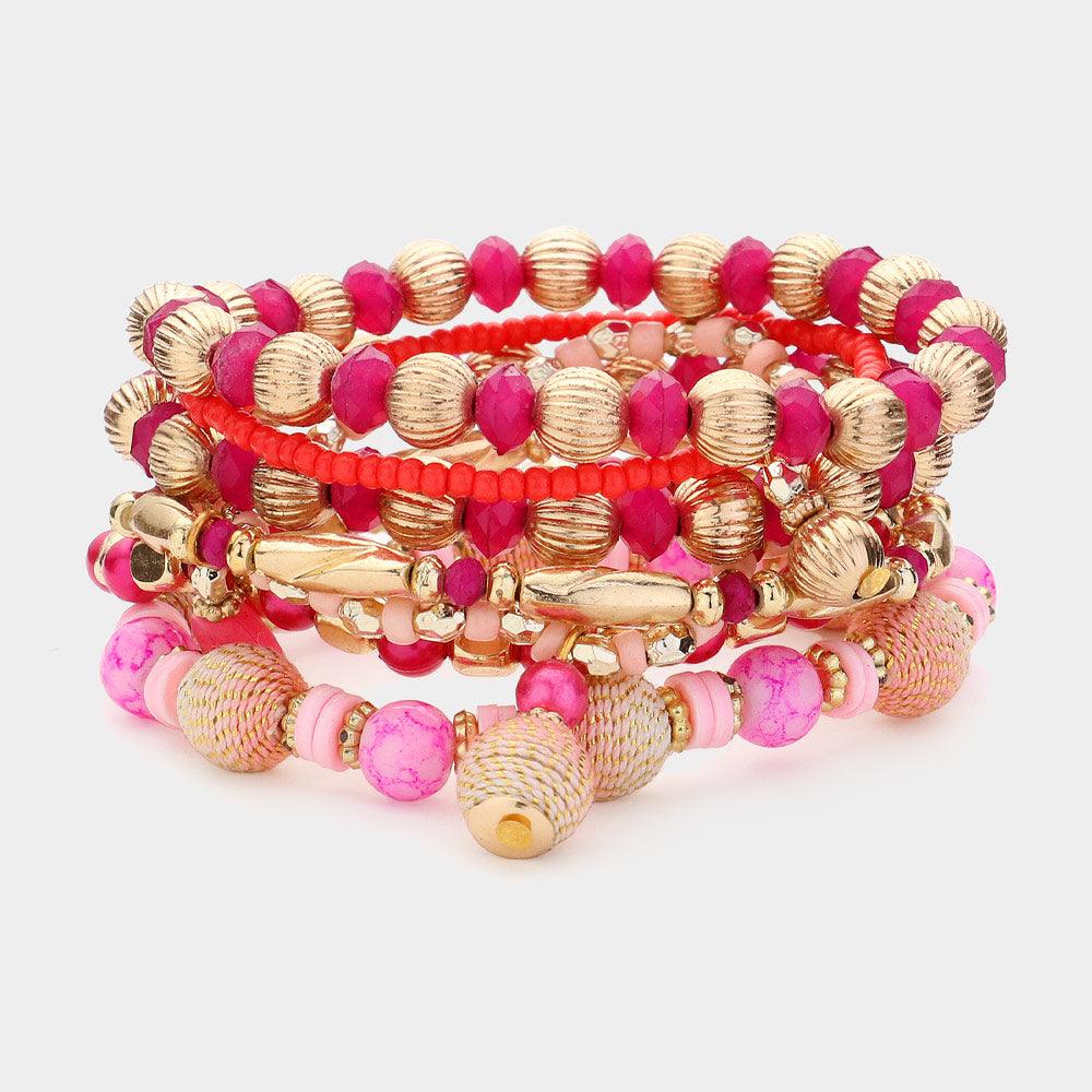 Pink 7PCS - Multi Beads Beaded Layered Bracelets