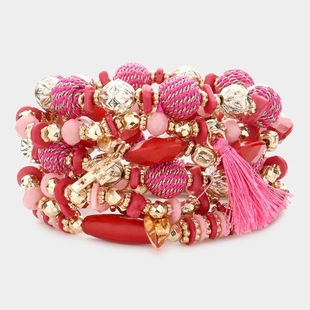 Pink 7PCS - Wood Faceted Beads Thread Wrapped Ball Wrapped Tassel Arrow Ammonite Cross Charm Stretch Multi Layered Bracelets - Jewelry Store by Erik Rayo
