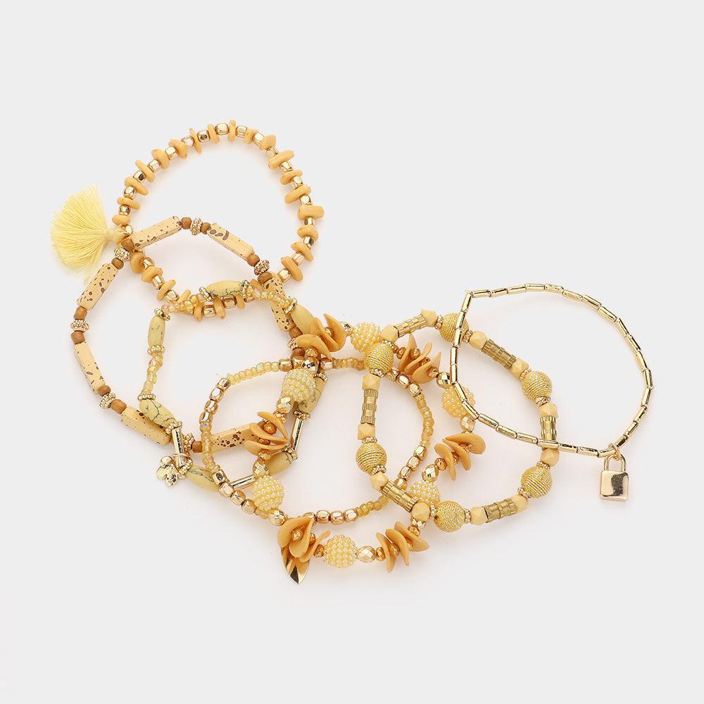 Yellow 7PCS - Lock Flower Tassel Charm Multi Beads Beaded Layered Bracelets - Jewelry Store by Erik Rayo
