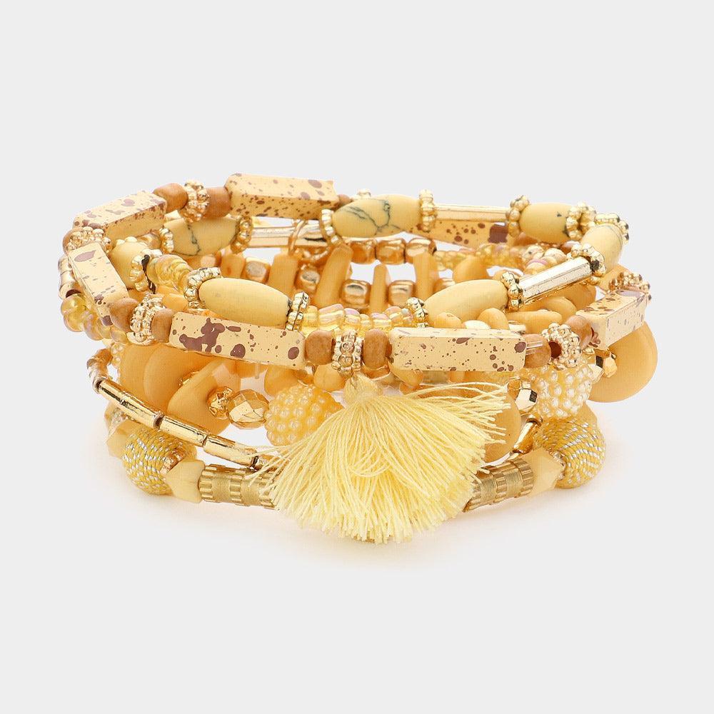 Yellow 7PCS - Lock Flower Tassel Charm Multi Beads Beaded Layered Bracelets - Jewelry Store by Erik Rayo