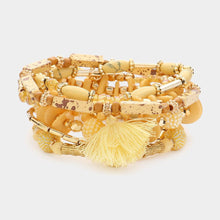 Load image into Gallery viewer, Yellow 7PCS - Lock Flower Tassel Charm Multi Beads Beaded Layered Bracelets
