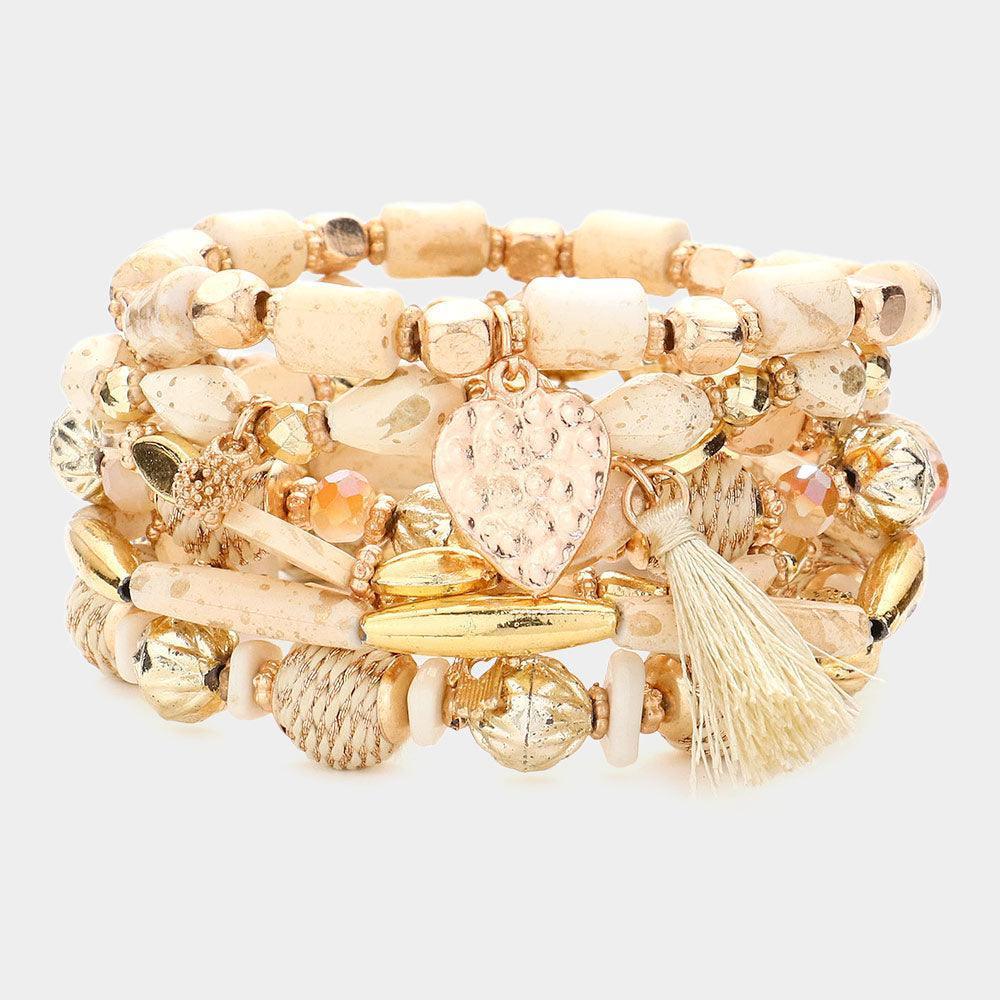 Ivory 7PCS - Wood Faceted Beads Thread Wrapped Ball Beaded Tassel Hammered Heart Charm Stretch Multi Layered Bracelets - Jewelry Store by Erik Rayo