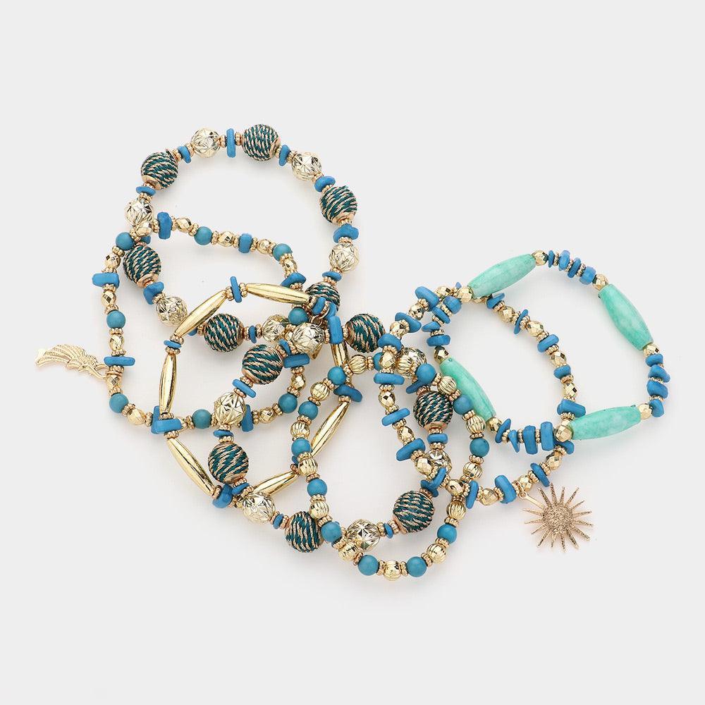 Turquoise 7PCS - Wing Sun Charm Multi Beads Beaded Layered Bracelets - Jewelry Store by Erik Rayo
